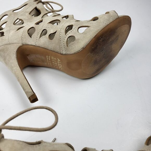 Aldo Tan Suede Laser-Cut Peep Toe Heels, Size 6.5 - Picture 7 of 16
